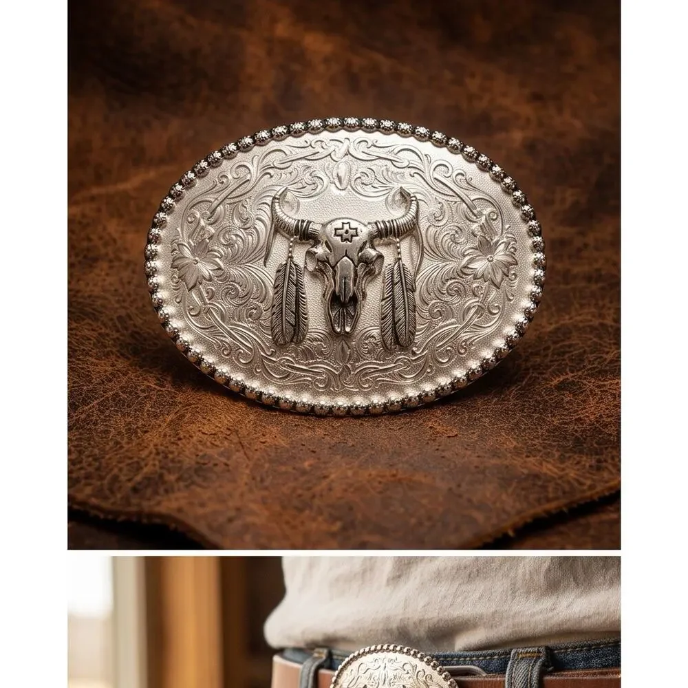Montana Silversmiths Buffalo Bull Skull Feather Buckle Cowboy Western Buckle